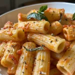 ['Close-up of protein pasta with cottage cheese and tomatoes.', 'Side view of Rigatoni served with Hüttenkäse and herbs.', 'Bowl of protein pasta garnished with fresh herbs and tomatoes.', 'Delicious dish of Penne topped with creamy cottage cheese.']