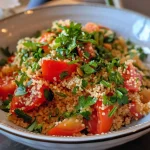 ['Close-up side view of a colorful couscous dish with tomatoes, kidney beans, and lentils.', 'A vibrant plate of protein-rich couscous topped with diced tomatoes and beans.', 'Side view of a hearty couscous bowl featuring fresh ingredients and herbs.', 'Delicious couscous skillet packed with vegetables, beans, and garnished with herbs.']