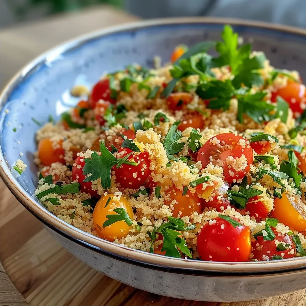 Close-up side view of a colorful couscous dish with tomatoes, kidney beans, and lentils.