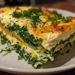 Close-up view of a cheesy high-protein ricotta spinach bake with golden edges.