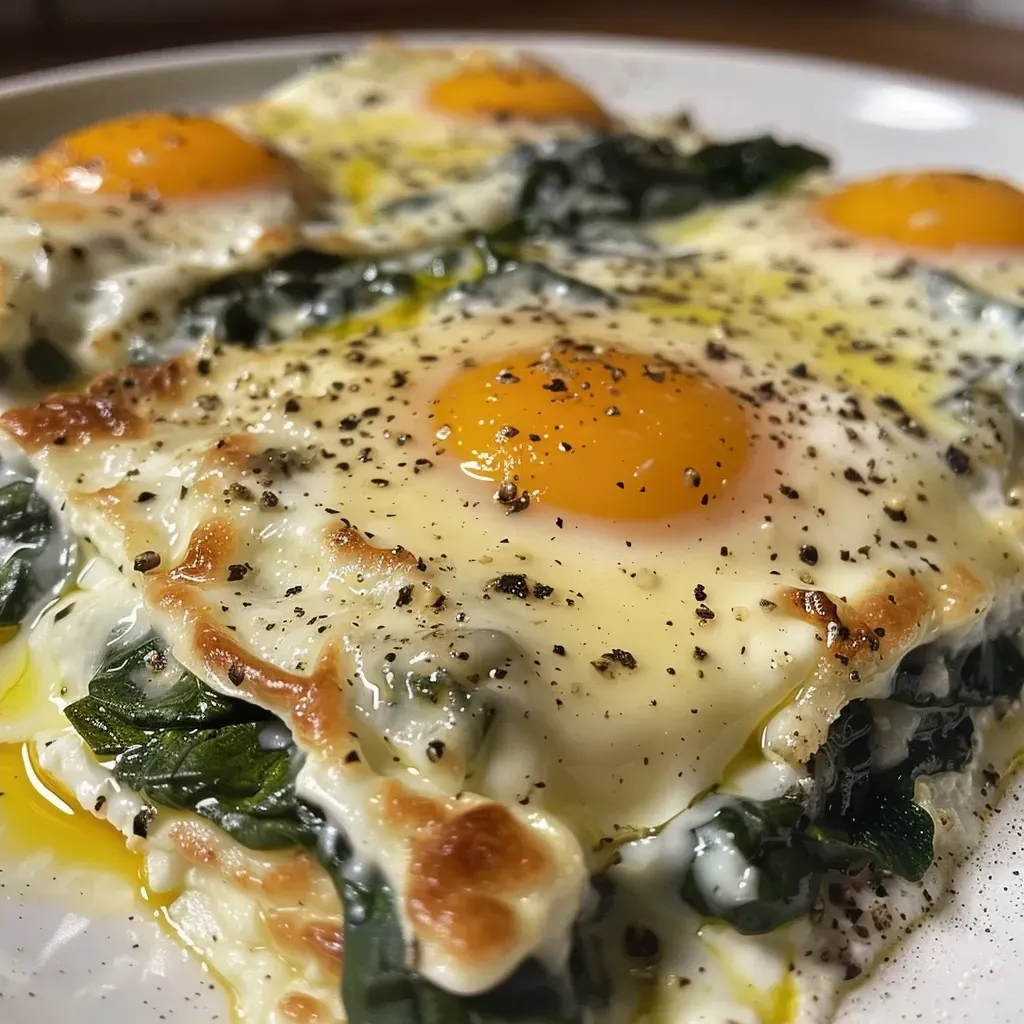 Side view of a baked dish showcasing layers of ricotta and spinach, topped with melted cheese.
