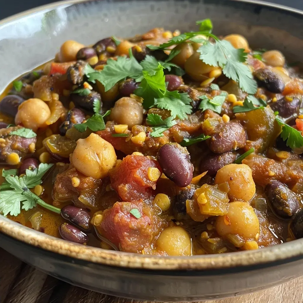 Side view of a delicious mixed beans curry garnished with fresh coriander.