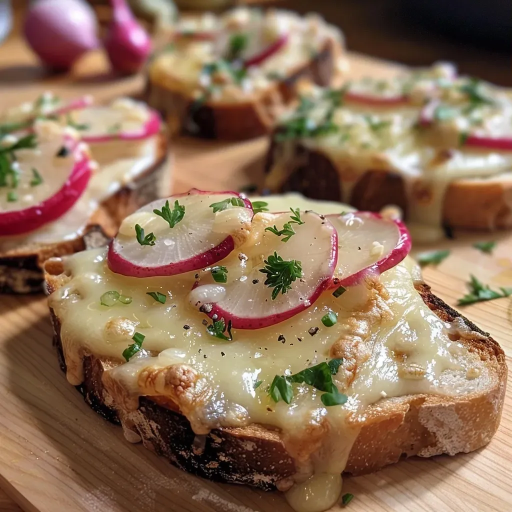 Close-up view of a Radieschentoast topped with radishes, cream cheese, and herbs.