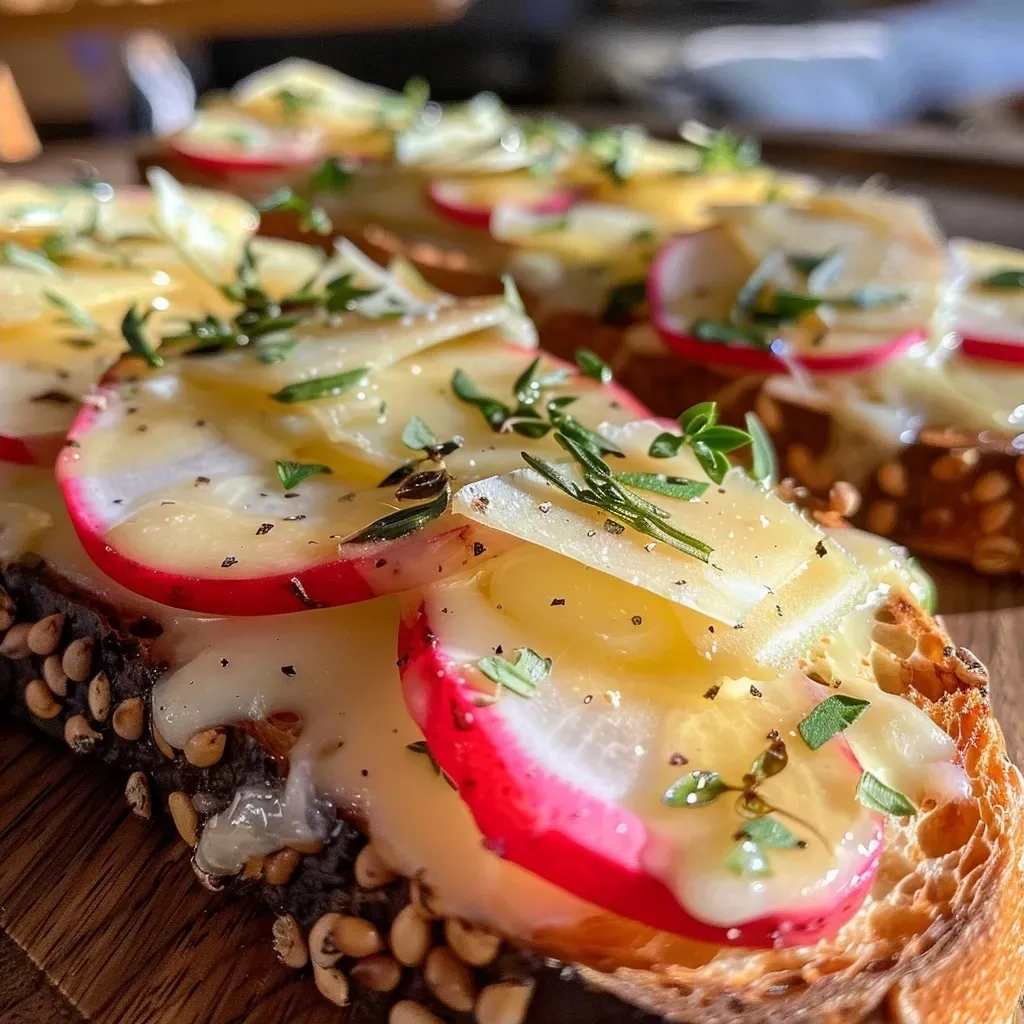 Side view of Radieschentoast showcasing layers of fresh ingredients on toasted bread.