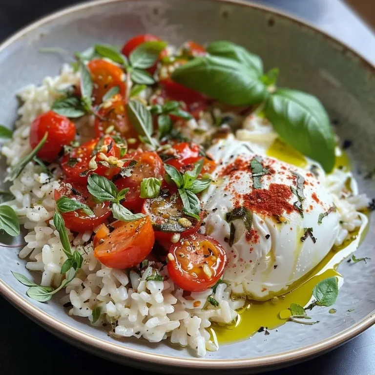 Schnelle Reispfanne mit Burrata – Der Mittagessen-Hit für Eilige! A close-up side view of a vibrant rice dish with burrata, featuring colorful vegetables.