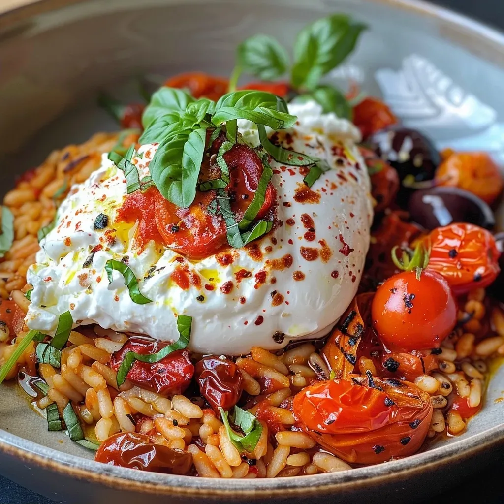 A delicious plate of rice with burrata, showcasing fresh ingredients like peppers and cherry tomatoes.