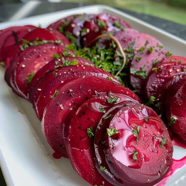 Close-up view of a savory Rote Bete Auflauf with layered beet slices and herbs.