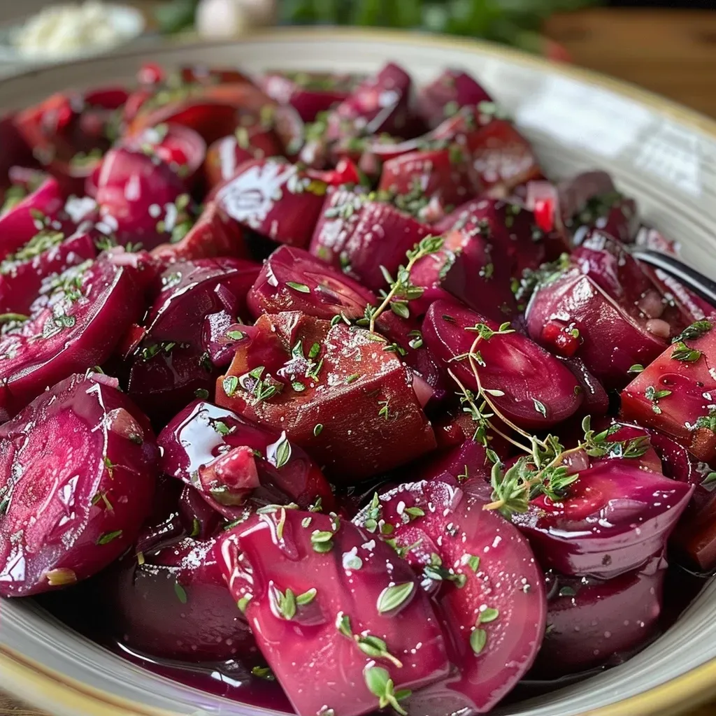 Side view of Rote Bete Auflauf showcasing vibrant beetroot and creamy texture.