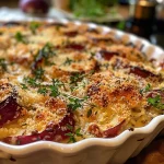 Close-up view of Rote Bete Gratin topped with creamy goat cheese.