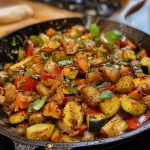 Close-up of a vibrant schnelles Garnelenpfanne, showcasing juicy shrimp and colorful vegetables.