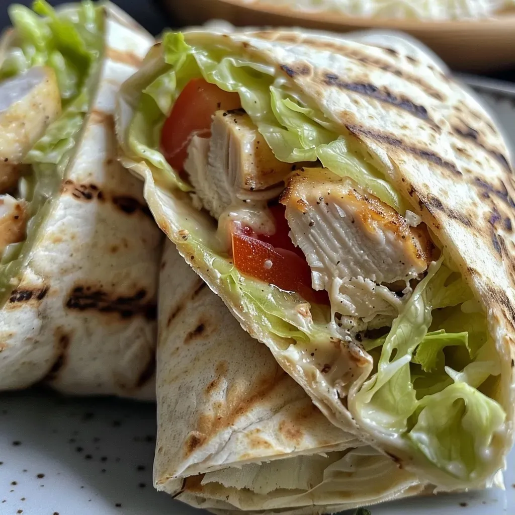 Juicy grilled chicken wrap with sliced tomato and lettuce in a tortilla.