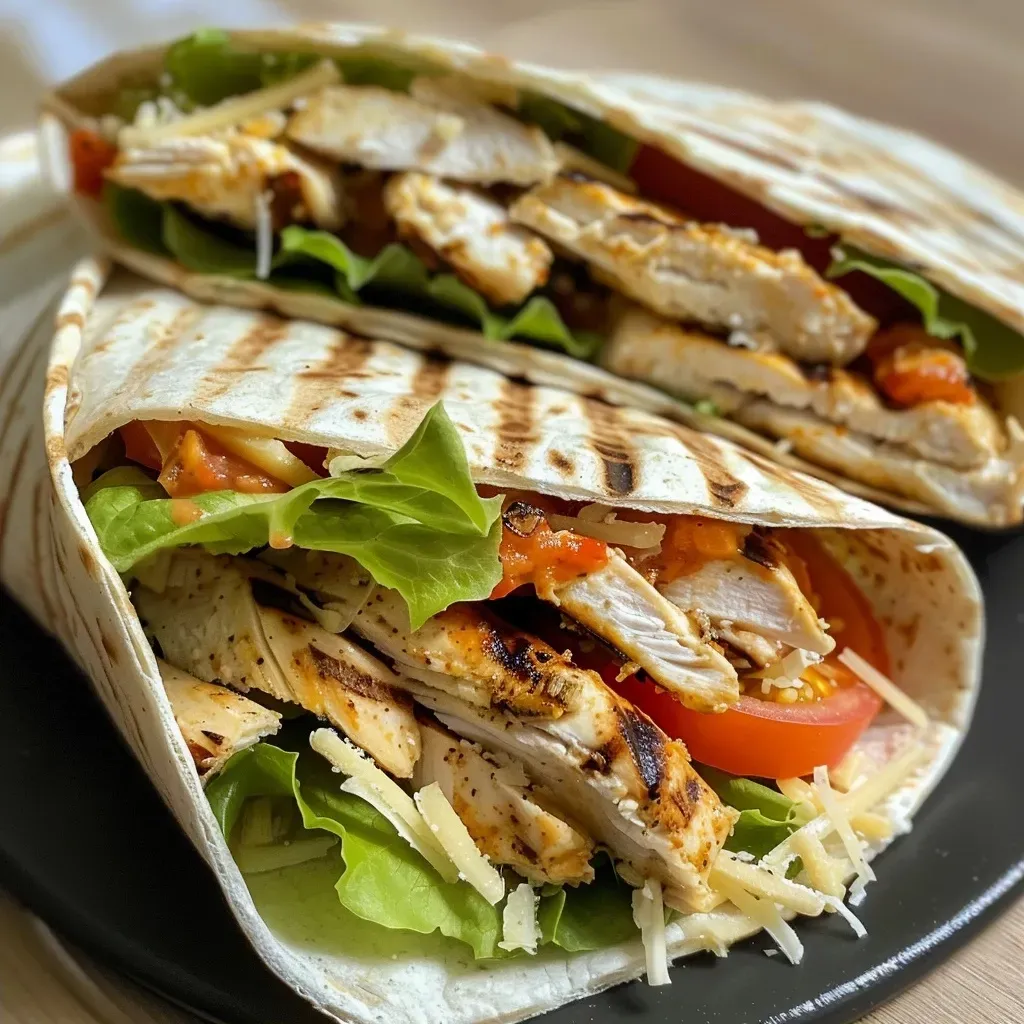 Close-up of a loaded chicken wrap showcasing grilled chicken and cheese.
