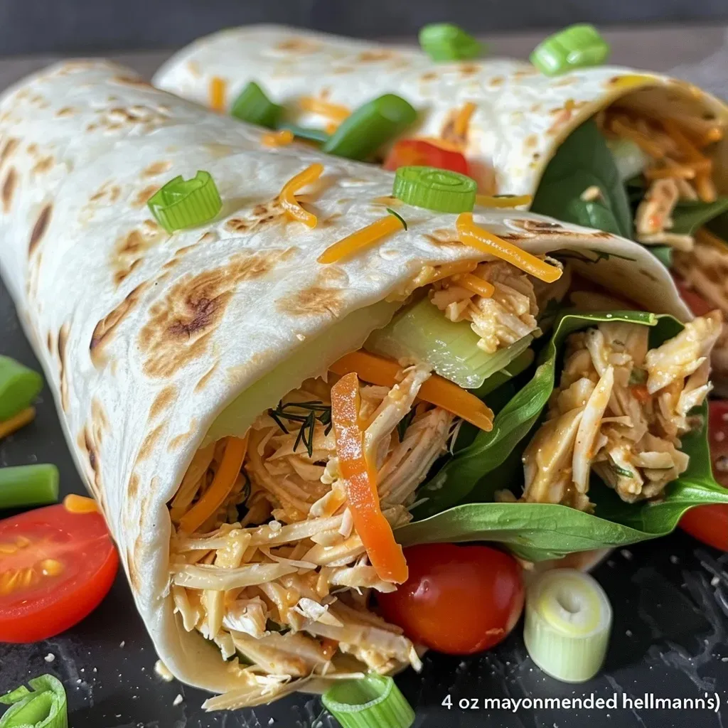 Close-up of a delicious chicken salad wrap filled with fresh ingredients.