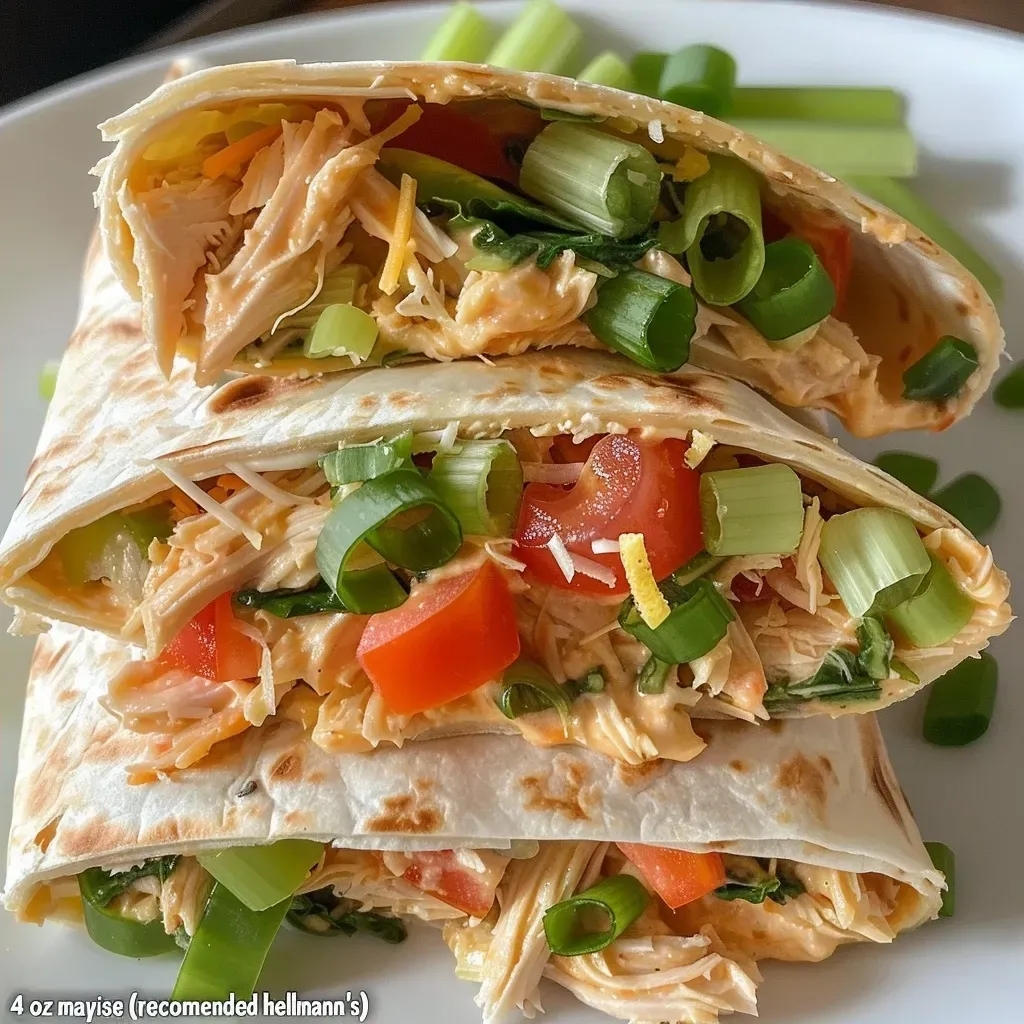 A vibrant chicken salad wrap showcasing shredded chicken, greens, and colorful vegetables.