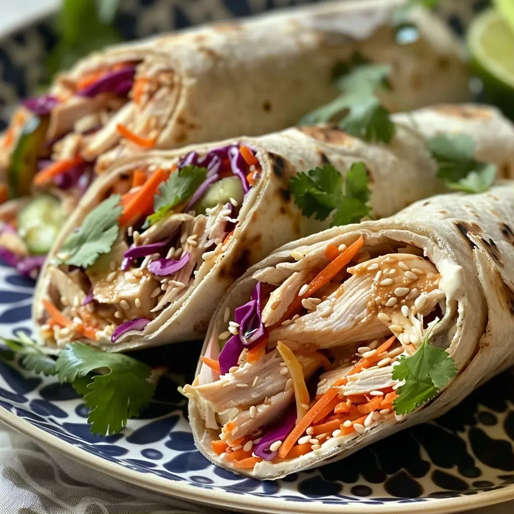 Close-up of a sweet chili chicken wrap with vibrant ingredients.