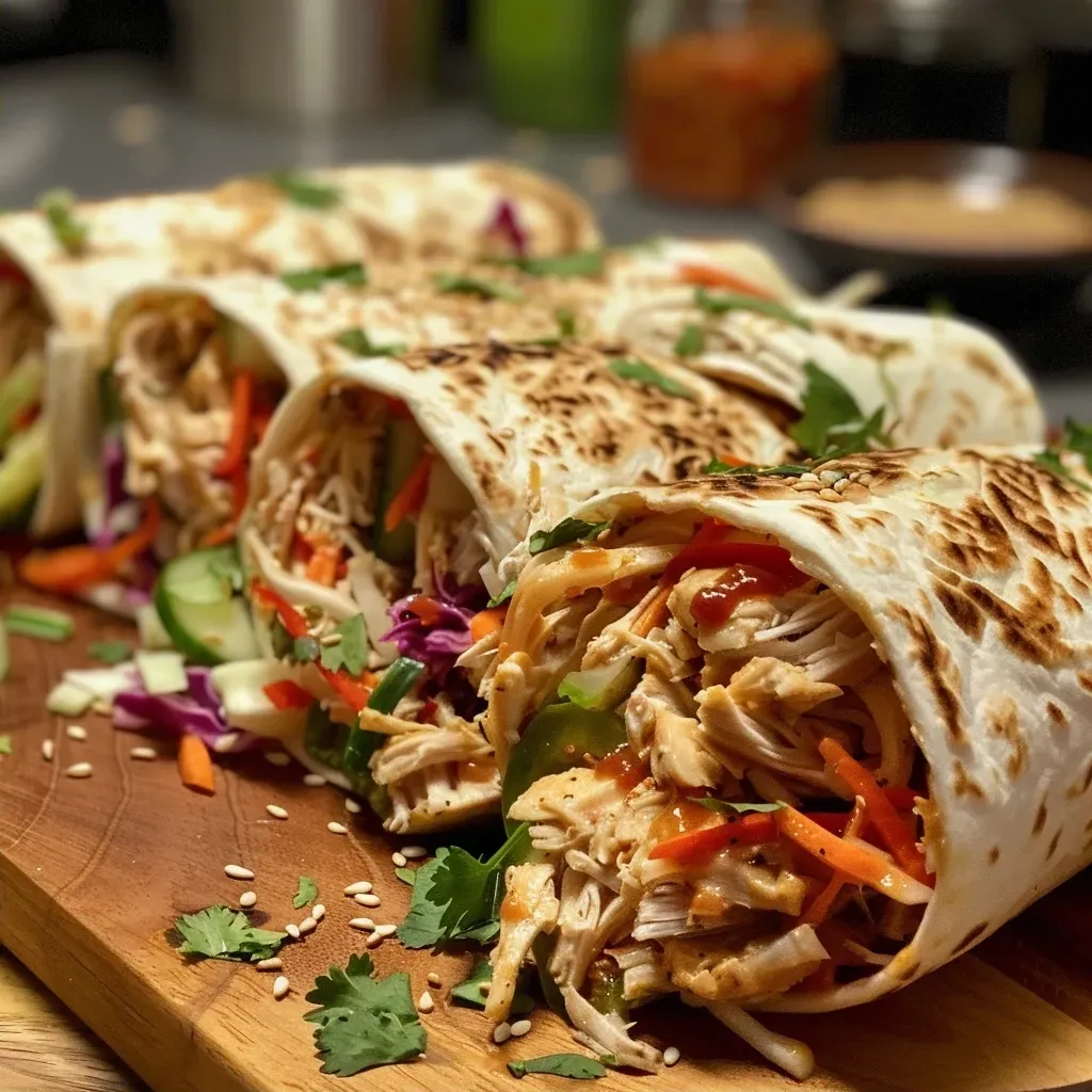 Juicy chicken wrap featuring colorful vegetables and sauce.