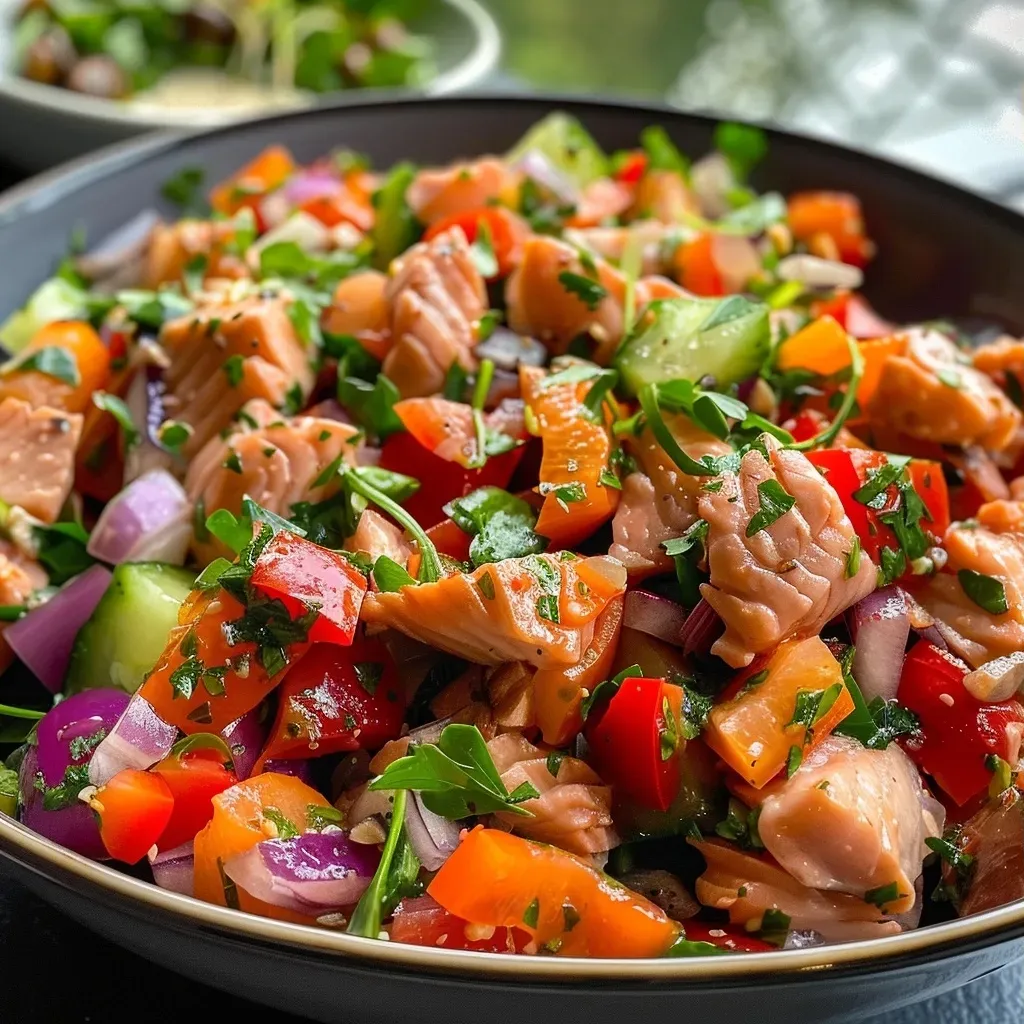 Close-up of a vibrant Schneller Thunfisch Salat in a bowl, featuring kidney beans, corn, peppers, and tuna.