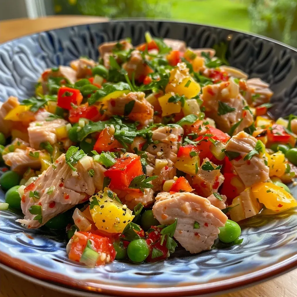 Close-up of a vibrant Schneller Thunfisch Salat in a bowl, featuring kidney beans, corn, peppers, and tuna.