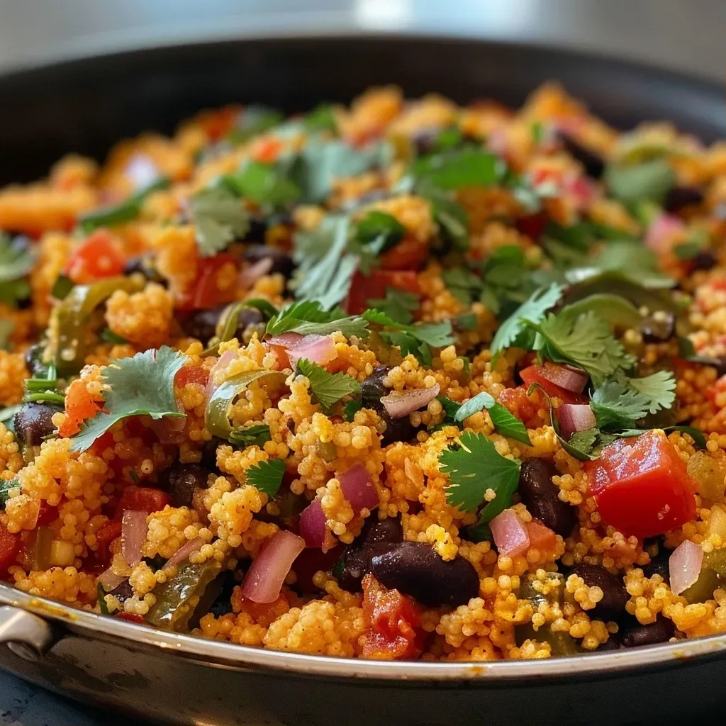 A close-up view of a colorful plate of Mexican Couscous featuring diced vegetables and herbs.