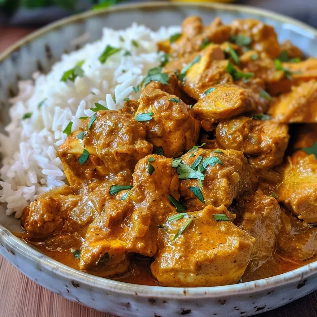 A close-up view of Indian chicken curry with vibrant spices and creamy sauce.