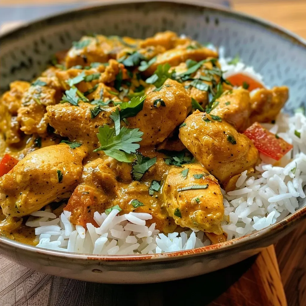 Juicy chicken pieces simmered in a rich curry sauce, garnished with herbs.