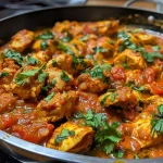 Close-up of a delicious Indian chicken curry served in a bowl with a garnish of cilantro.