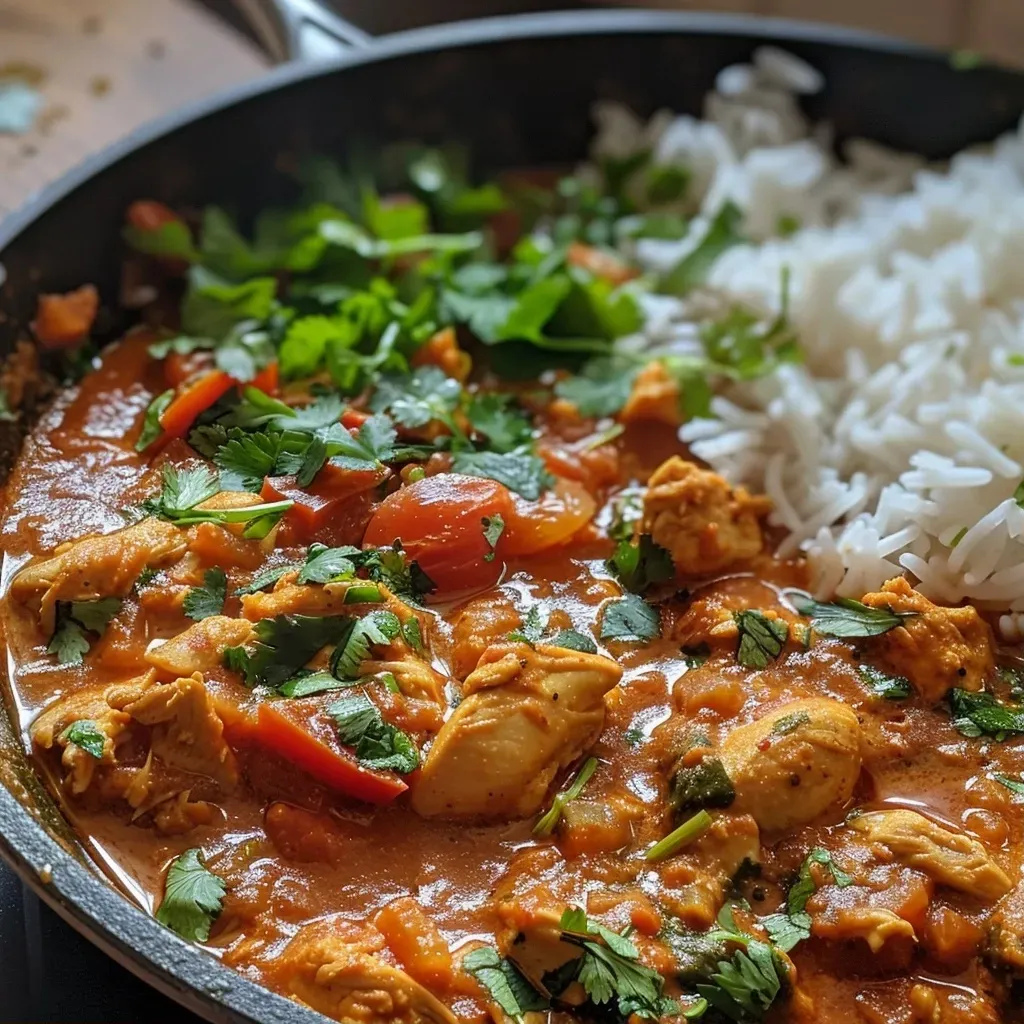 Close-up view of juicy Indian chicken curry served in a bowl, garnished with cilantro.