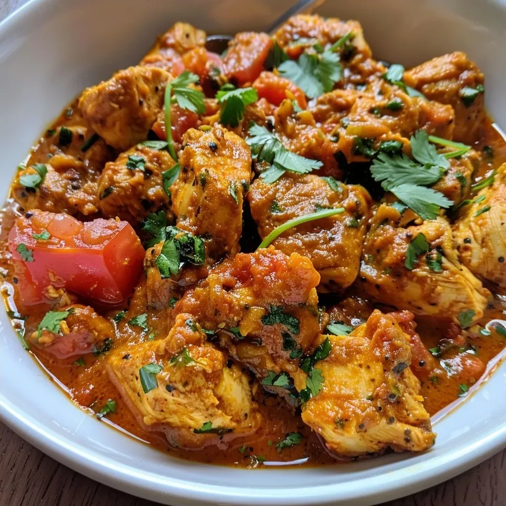 Side view of a vibrant chicken curry with a rich sauce and spices visible.