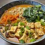 A bowl of crispy tofu curry ramen with vibrant vegetables and rich broth.
