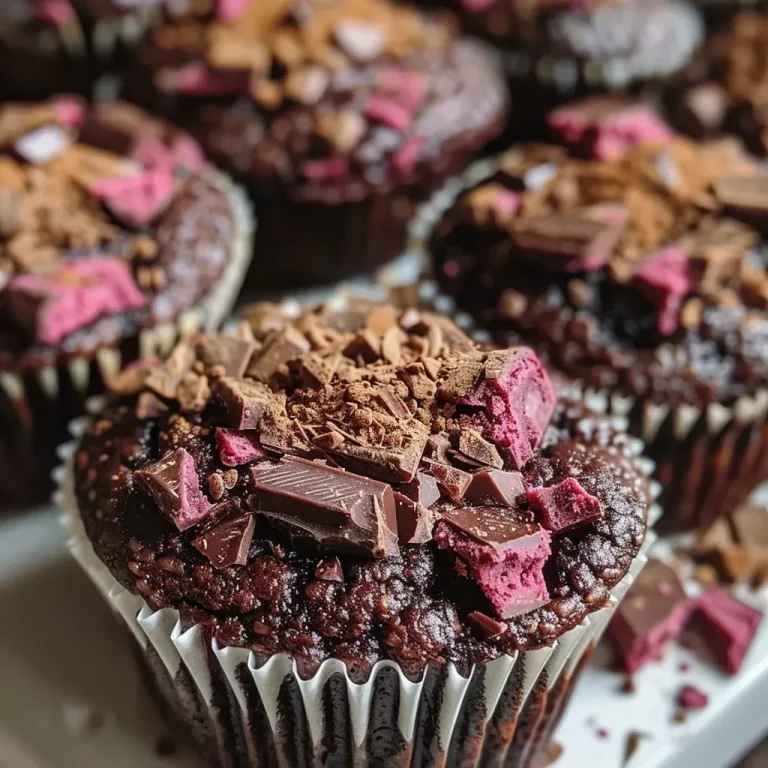 Close-up side view of chocolate beetroot muffins, showcasing their moist texture and rich color.