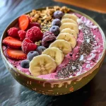 Close-up of a vibrant smoothie bowl topped with granola and fresh fruit.