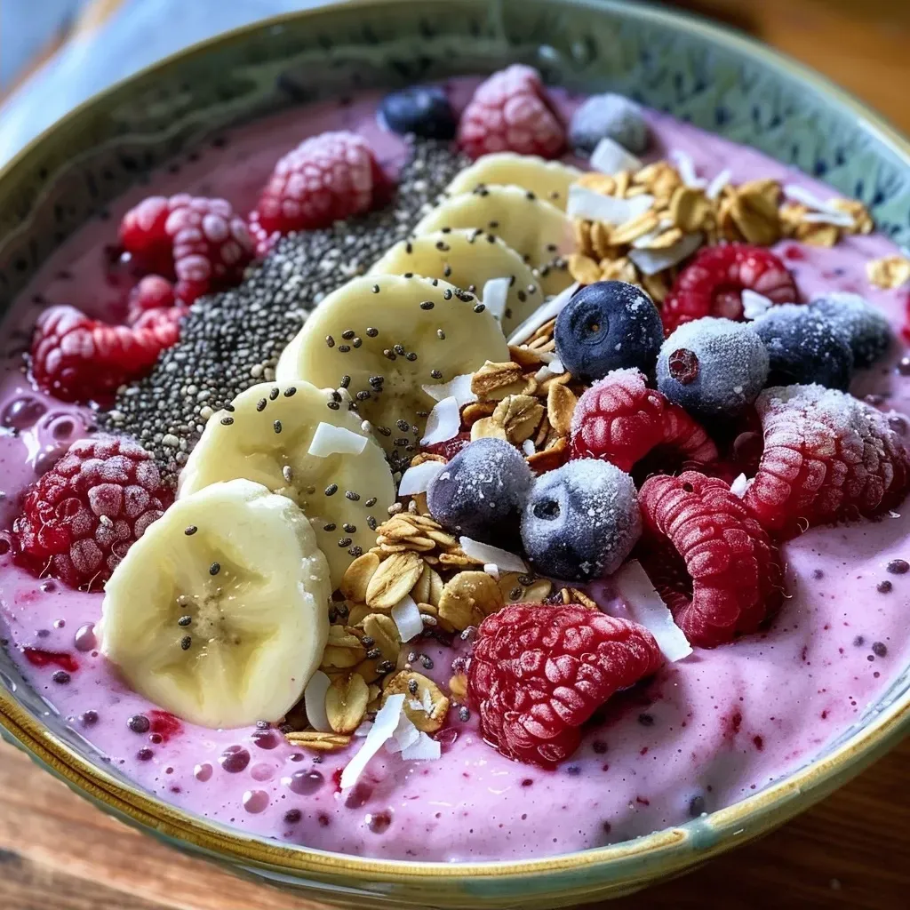 Side view of a delicious smoothie bowl filled with mixed berries and seeds.