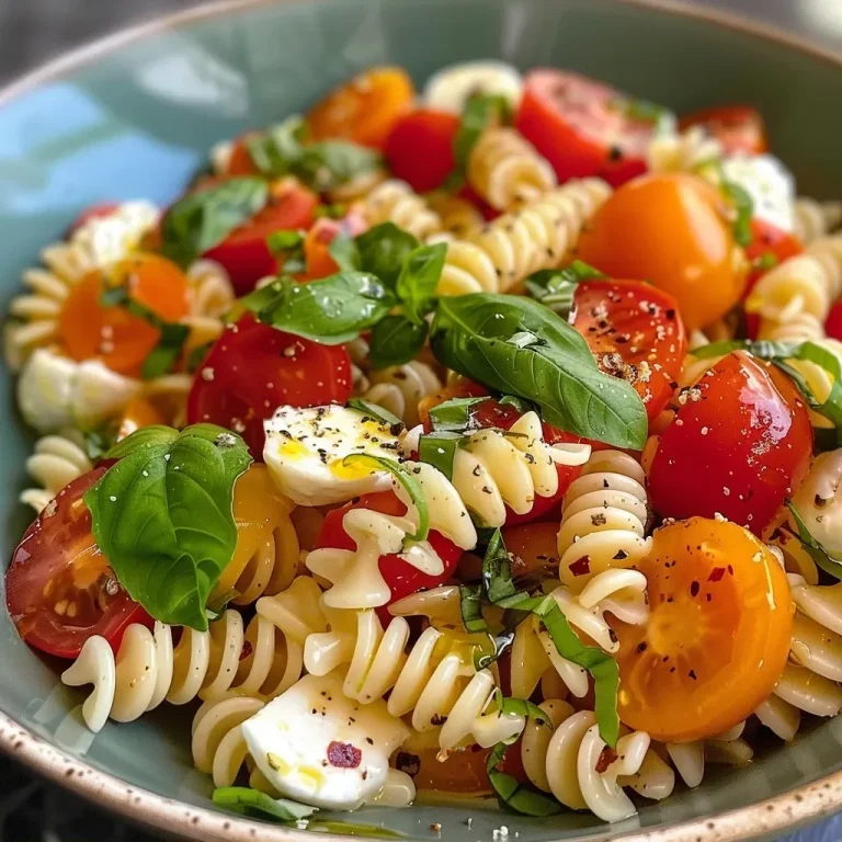 Der erfrischende Pasta-Salat für heiße Tage Close-up of a vibrant summer pasta salad featuring cherry tomatoes and mozzarella.
