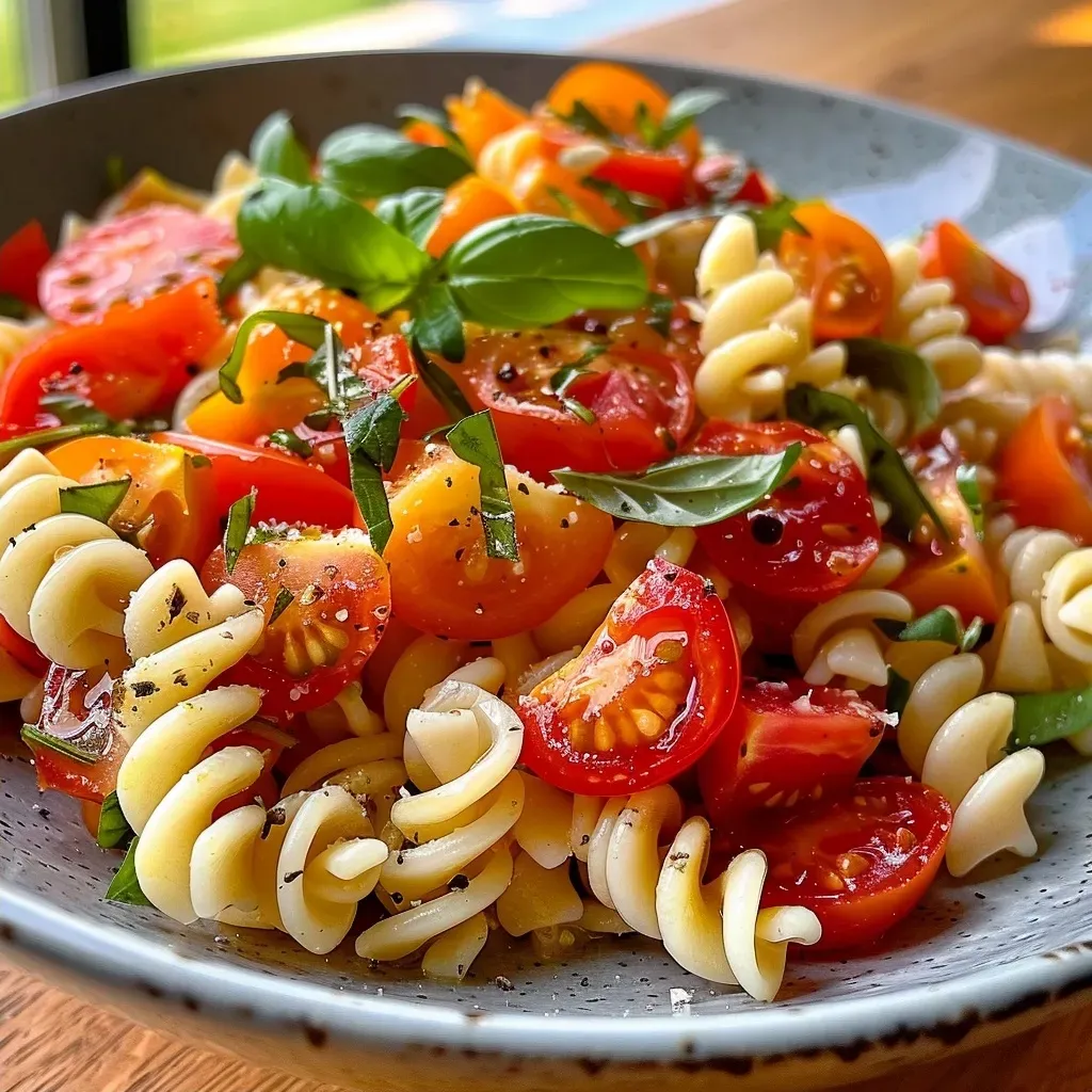 Side view of a colorful pasta salad with fresh ingredients like basil and tomatoes.