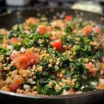 Close-up view of a juicy Spinat-Bulgur-Pfanne with vibrant greens and golden bulgur.