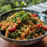 Close-up of a vibrant Spinat-Bulgur-Pfanne with fresh spinach and bulgur grains.