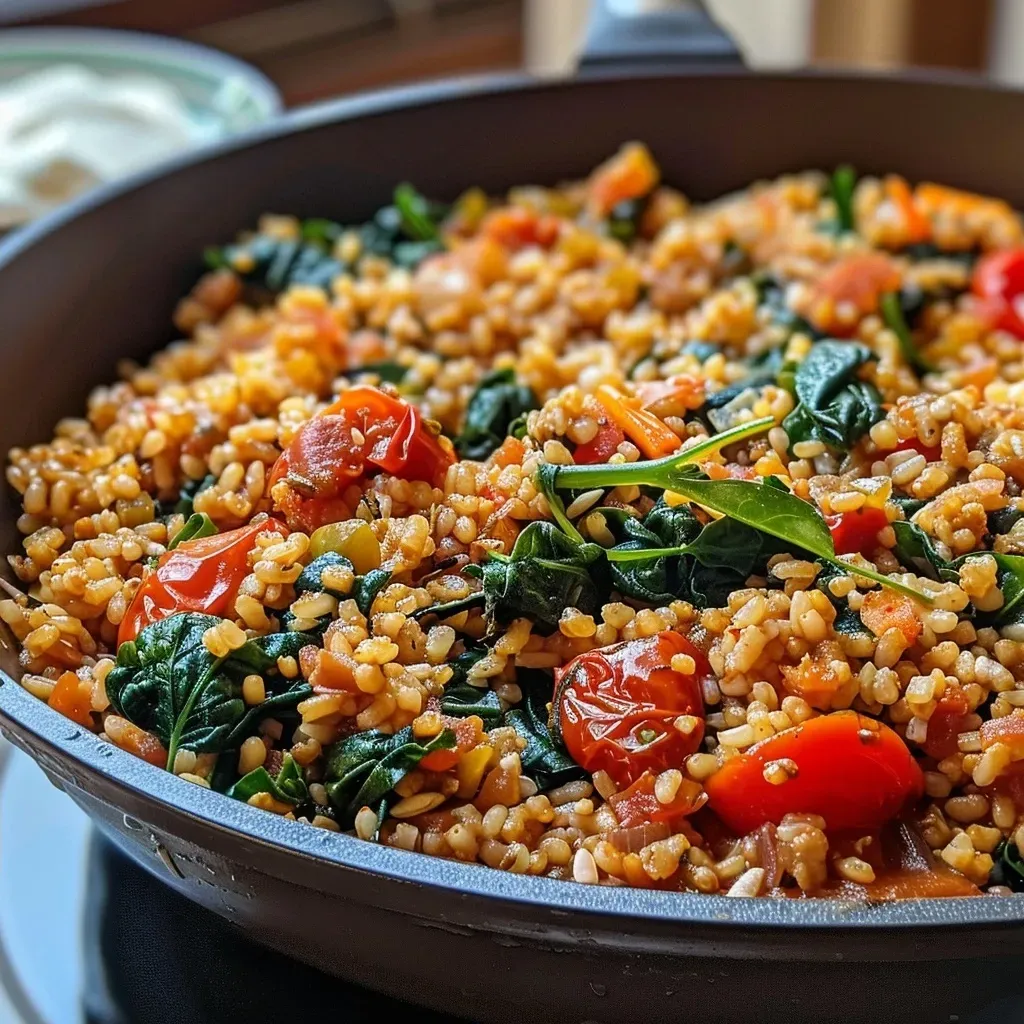 Side view of a colorful Spinat-Bulgur-Pfanne, showcasing fresh spinach and bulgur grains.