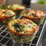 Close-up side view of golden-brown spinach and cheese muffins.