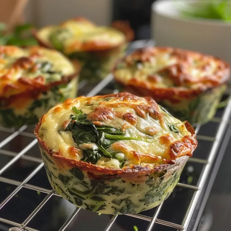 Close-up side view of golden-brown spinach and cheese muffins.