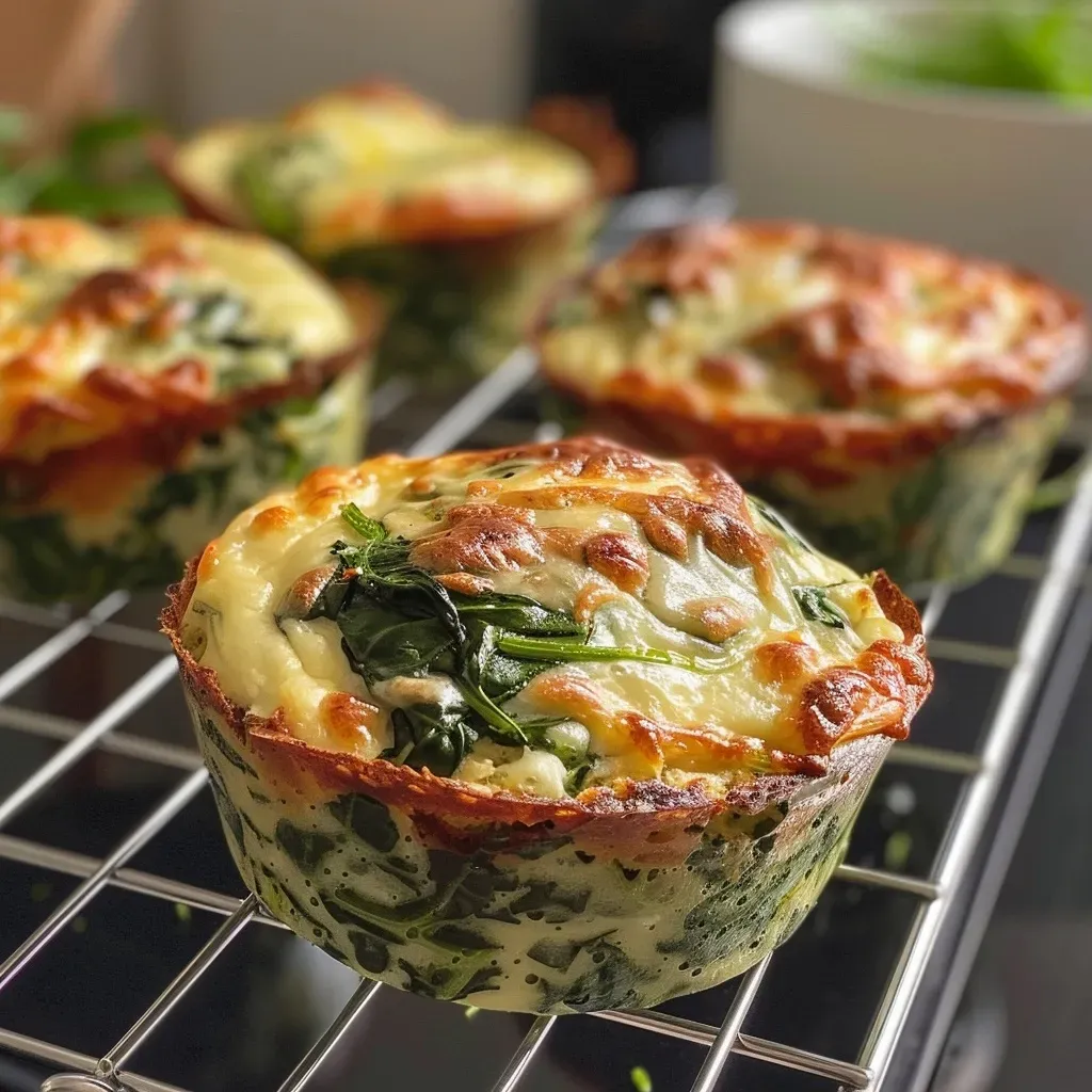 Close-up side view of golden-brown spinach and cheese muffins.