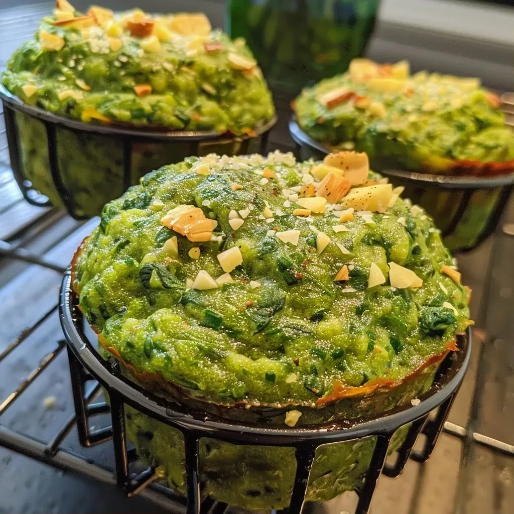A side view of freshly baked Spinatmuffins with a golden crust and green spinach visible.