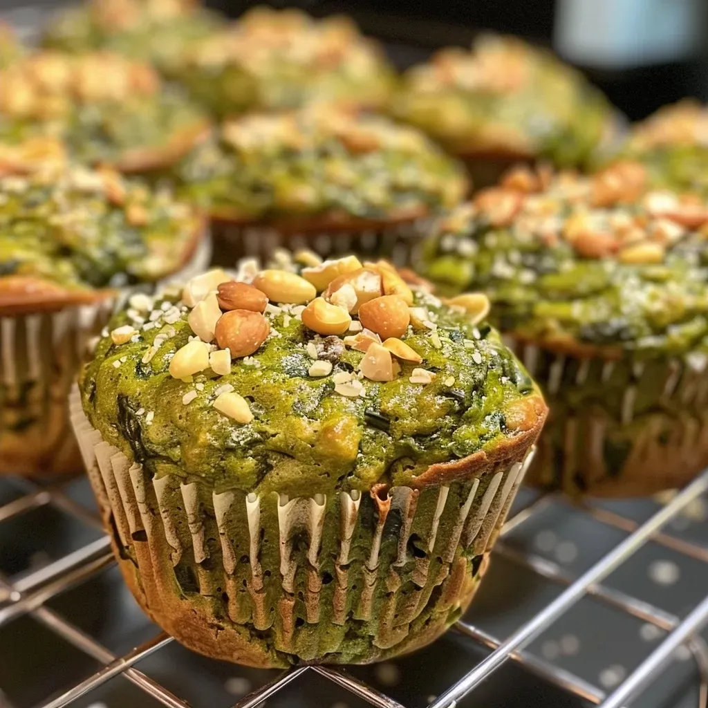 Close-up of Spinatmuffins showcasing a moist texture and flecks of pistachio.