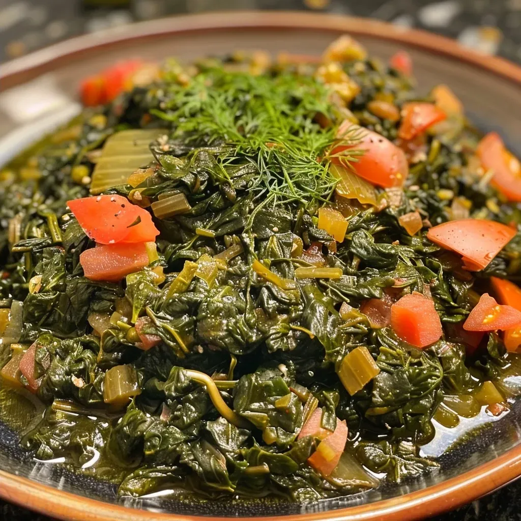 Side view of a dish of Spinatreis, showcasing vibrant colors and fresh ingredients.