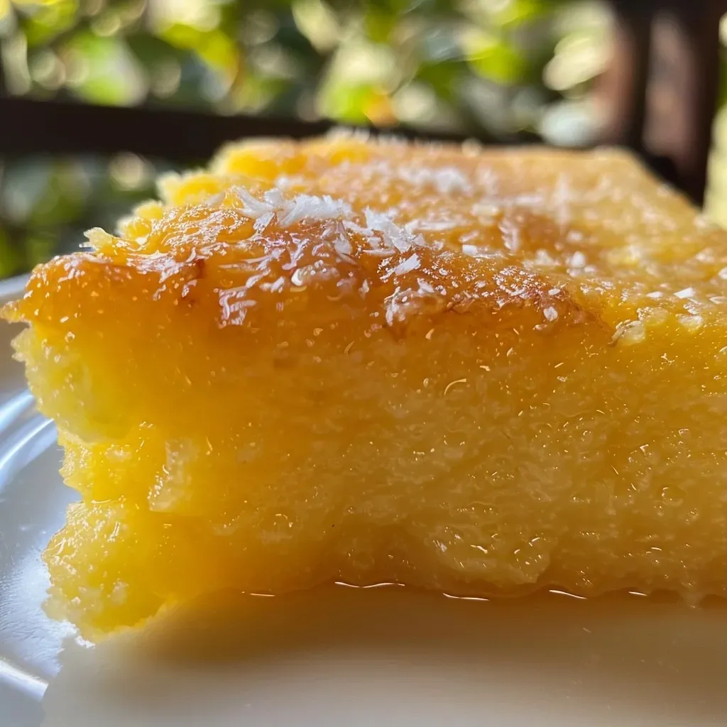 Close-up view of creamy sweet polenta pudding topped with desiccated coconut and nuts.