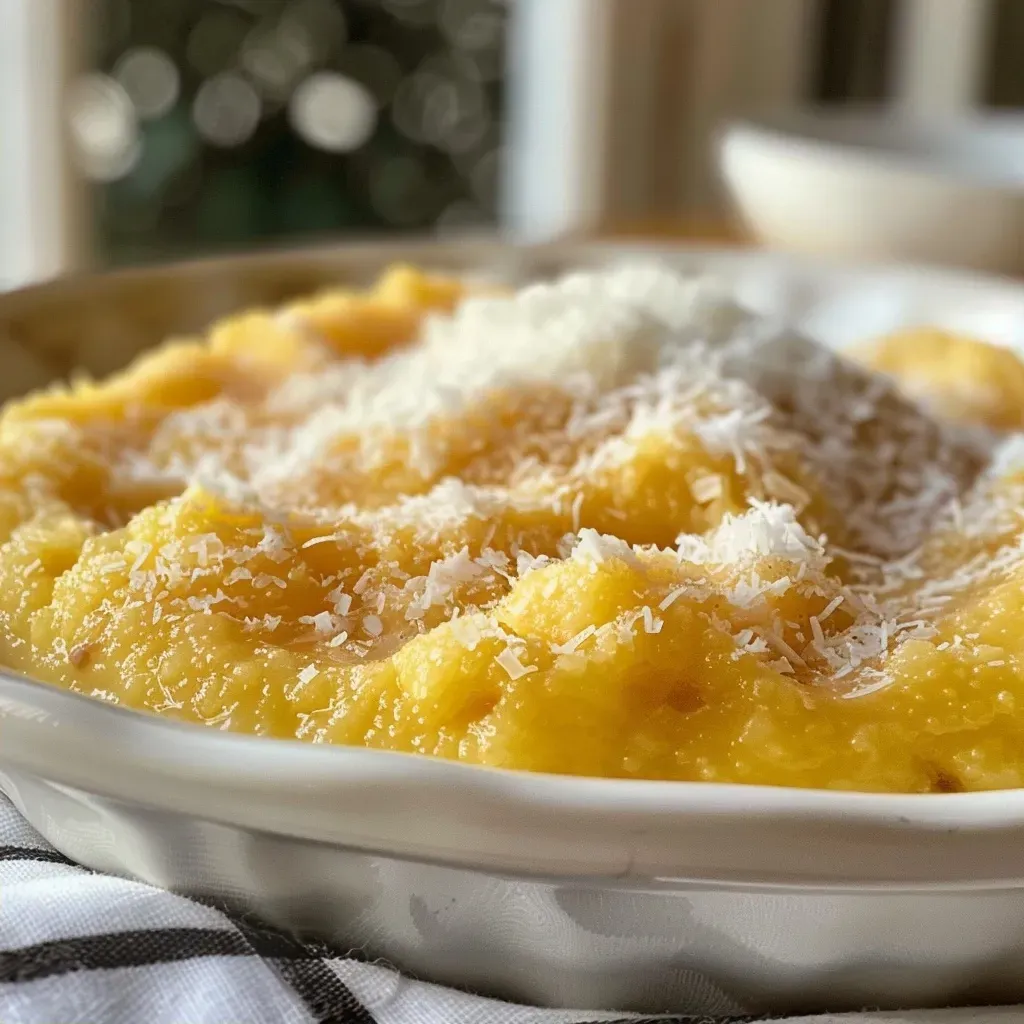 Side profile of a bowl of sweet polenta pudding garnished with chopped nuts and coconut.