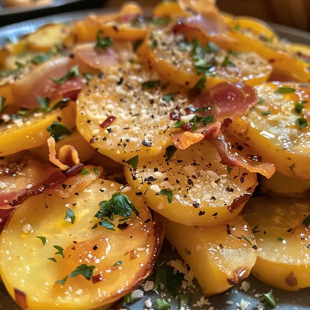 Close-up view of a colorful Süßkartoffel Pfanne with diced sweet potatoes and speck.