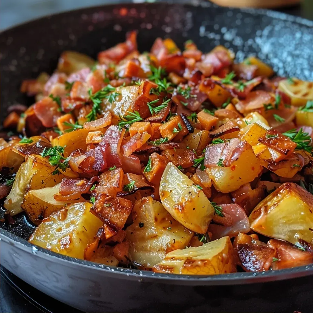 Juicy sweet potato dish in a pan with spices and herbs, showcasing vibrant colors.