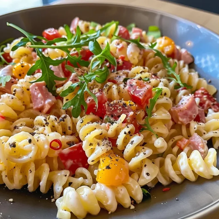 Pasta-Salat mit Süßkartoffeln und knusprigem Speck — Ein Genuss für jeden Tag! A close-up side view of a bowl filled with Süßkartoffel Speck Pasta Salad, showcasing vibrant colors and textures.