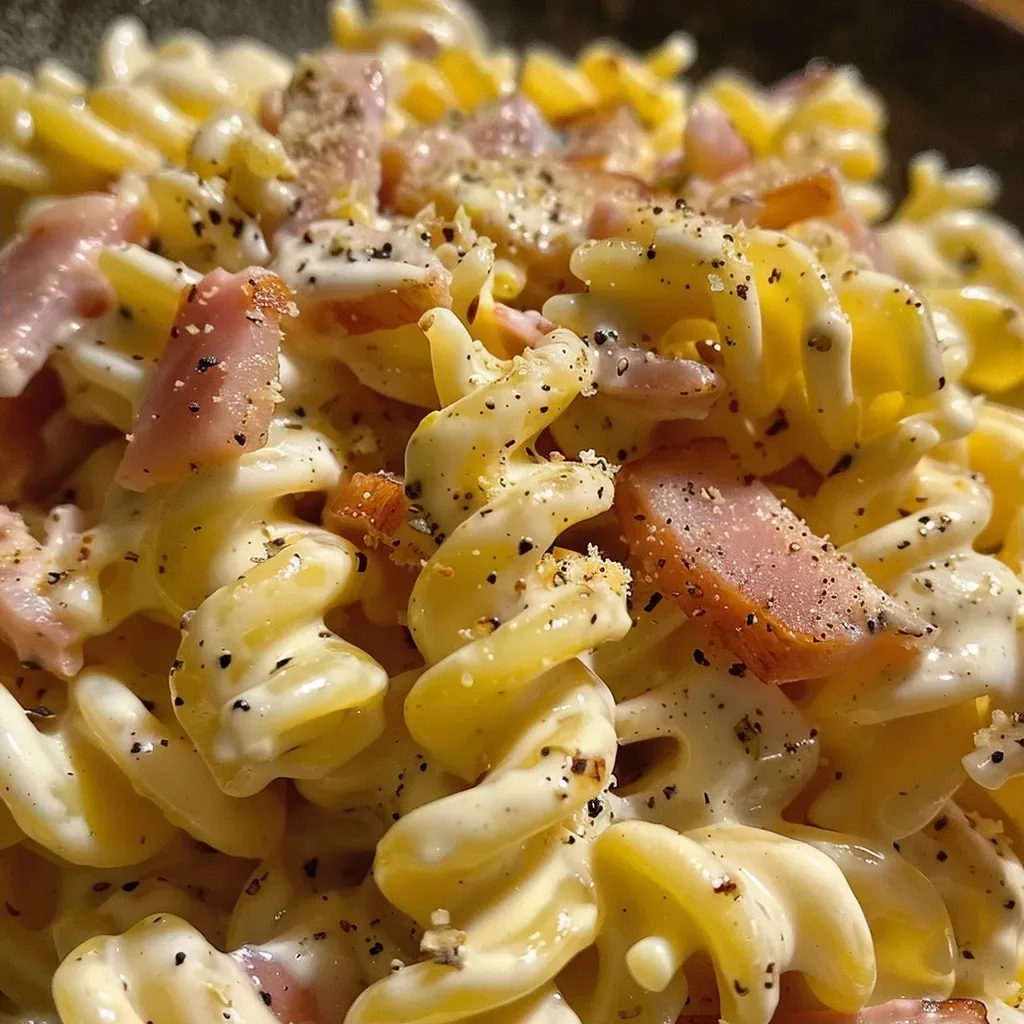 Juicy and appetizing Süßkartoffel and bacon pasta salad displayed in a clear bowl, highlighting its colorful ingredients.
