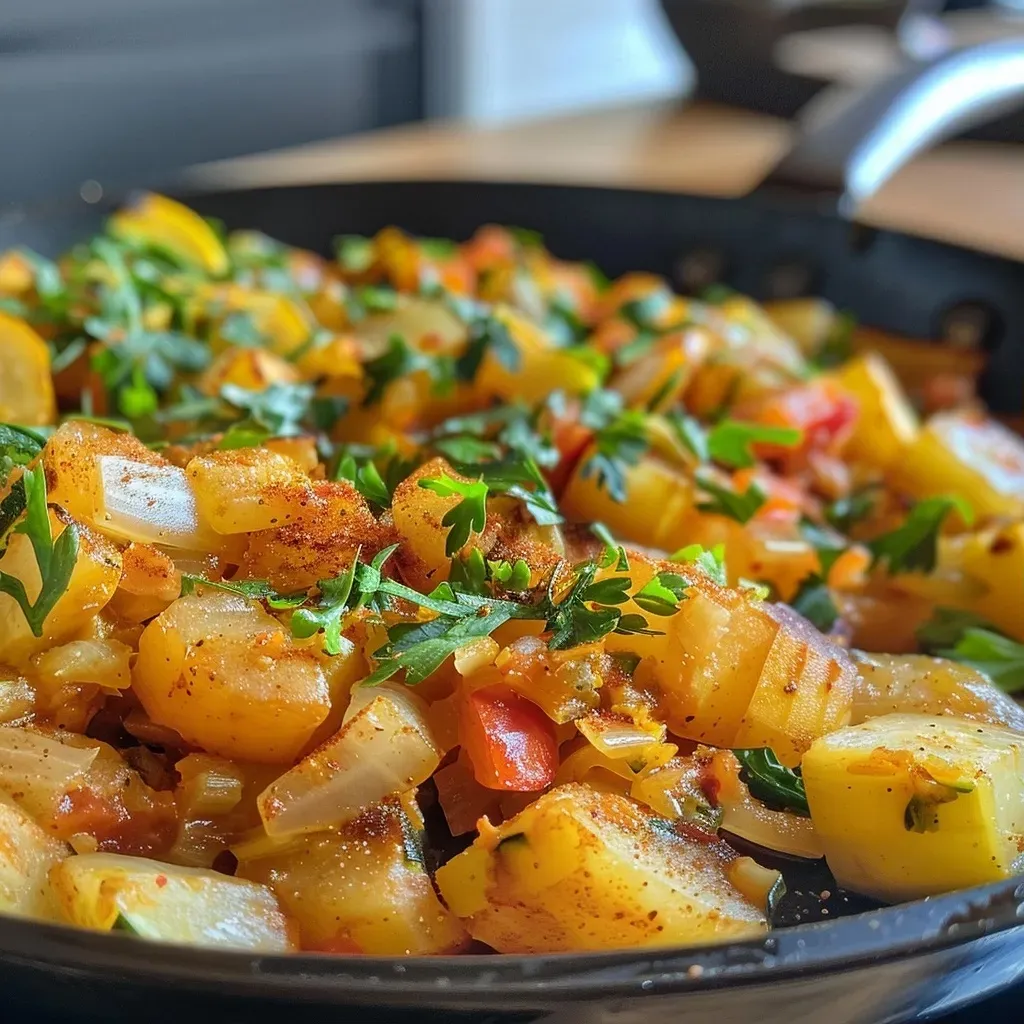 Close-up view of a delicious Süßkartoffelpfanne featuring sweet potatoes and colorful vegetables.